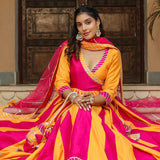 Pink And Yellow Cotton Silk Solid Anarkali Set