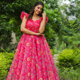 French Rose Pink Organza Floral Printed Gown