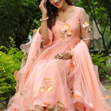 Peach Pink Organza Floral Anarkali Set