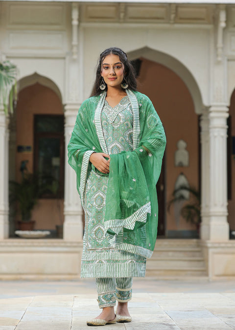 <img> Seafoam Green Cotton Floral Printed Kurti Set