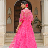 Bright Pink Organza Bandhani Printed Lehenga Set