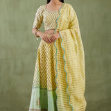 Floral Printed Light Yellow Chanderi Lehenga Set