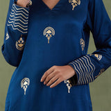 Floral Foil Print Dark Blue Straight Kurta And Pant