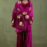 Dark Pink Velvet Short Kurta And Sharara With Shawl Set