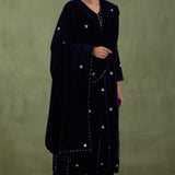 Embroidered Dark Blue Velvet Straight Kurta Set With Dupatta