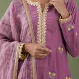 Embroidered Lilac Straight Kurta And Pant With Banarashi Strip Dupatta