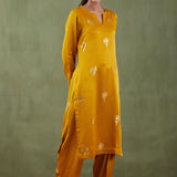 Foil Print Mustard Mashru Silk Straight Kurta Set