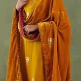 Mustard Foil Printed Mashru Silk Straight Kurta And Salwar With Velvet Shawl Set