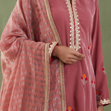 Embroidered Rose Pink Straight Kurta And Pant With Banarasi Strip Dupatta