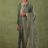 Embroidered Dark Olive Green Straight Kurta And Pant With Banarasi Strip Dupatta