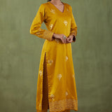 Floral Foil Print Mustard Straight Kurta Set