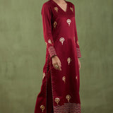 Floral Foil Print Dark Maroon Straight Kurta Set