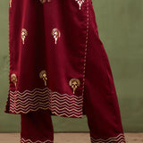 Floral Foil Print Dark Maroon Straight Kurta Set With Velvet Dupatta