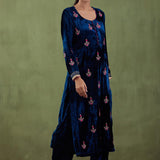 Peacock Blue Velvet Straight Zardosi Work Kurta And Plain Pant
