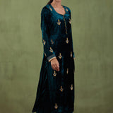 Emerald Green Velvet Straight Zardosi Work Kurta And Plain Pant