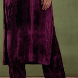 Dark Purple Plain Silk Velvet Straight Kurta And Pant With Velvet Shawl Set