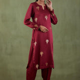 Foil Print Maroon Mashru Silk Straight Kurta Set