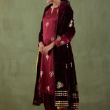 Maroon Foil Printed Mashru Silk Straight Kurta And Salwar With Velvet Shawl Set