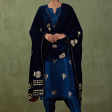 Dark Blue Foil Printed Mashru Silk Straight Kurta And Salwar With Velvet Shawl Set
