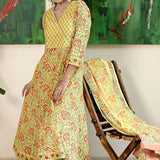 Block Printed Yellow Cotton Suit Set With Floral Patterns