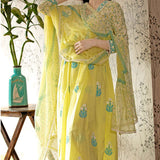 Yellow Block Printed V-Neckline Cotton Kurta Set With Floral Design