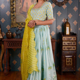 Sea Green Foil Printed Cotton Silk Lehenga Set With Dupatta