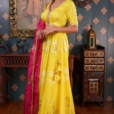 Lemon Yellow Printed Cotton Silk Lehenga Set With Dupatta