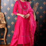 Hand Embroidery Rani Pink Cotton Silk Kurta Set