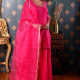 Hand Embroidery Bright Pink Cotton Silk Sharara Set