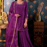 Hand Embroidery Purple Cotton Silk Sharara Set