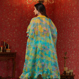 Cerulean Blue Organza Printed Indo-Western Co-Ord Set