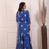 Dark Blue Foil Block Print Kurta Sharara Set With Dupatta