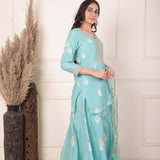 Turquoise Blue Foil Block Print Kurta Sharara Set With Dupatta