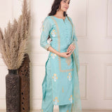 Turquoise Blue Chanderi Straight Kurti With Pant And Dupatta