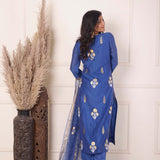 Blue Chanderi Straight Kurti With Pant And Dupatta
