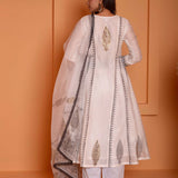 Ivory Foil Block Print Anarkali Set With Black Lace Work