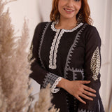 Black Foil Block Print Anarkali Set With White Lace Work