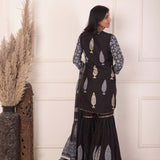 White Foil Block Print Gharara Set With White Lace Work