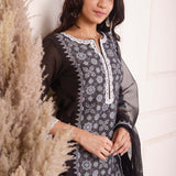 White Foil Block Print Straight Kurta Set With Black Lace Work