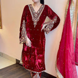Deep Maroon Velvet Embroidered Kurti Set