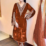 Rust Brown Velvet Embroidered Kurti Set