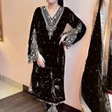 Black Velvet Embroidered Kurti Set