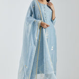 Printed Light Blue Kurti Set With Golden And Silver Floral Design