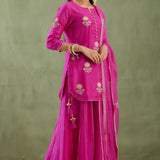 Dark Pink Kurta Sharara Set With Gold Lace Work Bottom