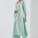Printed Light Blue Kurti Set With Silver Floral Design