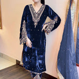 Deep Navy Blue Velvet Embroidered Kurti Set