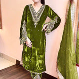 Olive Green Velvet Embroidered Kurti Set
