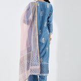 Blue Cotton Silk Ethnic Suit Set With Subtle Floral Design