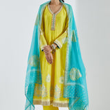 Lemon Yellow Anarkali Set With Gold And Silver Print
