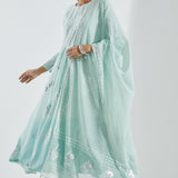 Light Sky Blue Kurti Set With Silver Floral Design